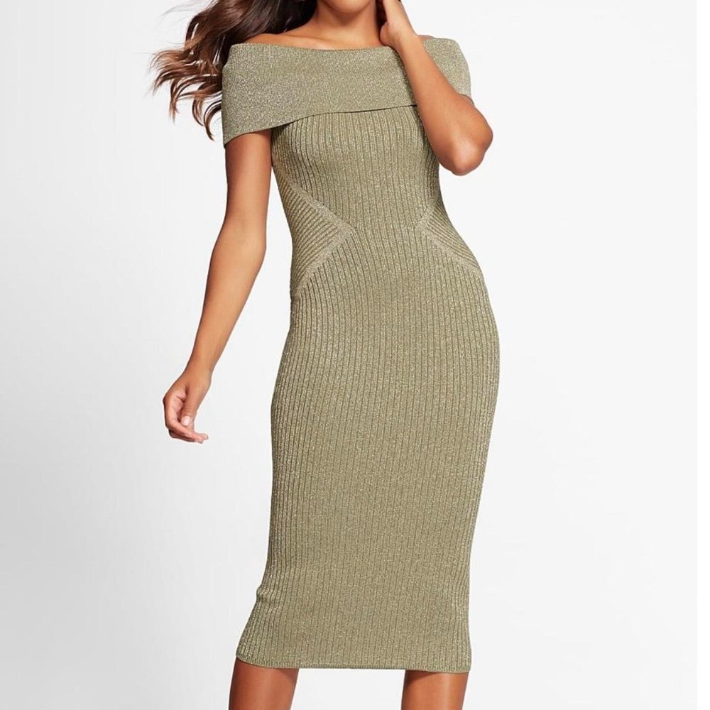 Gabrielle Union Olive Whispers Off the Shoulder Gold Dress